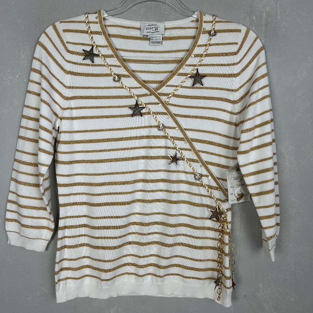 Just B women size S 3/4 sleeve top white gold stripe nautical star chain mermaid